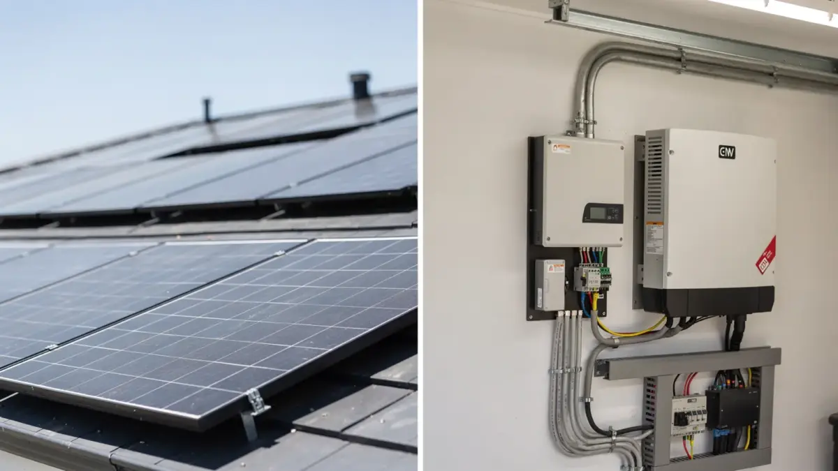 Nachrüstung eines Speichers in bestehende PV-Anlage mit Solarmodulen und Batteriespeicher im Technikraum