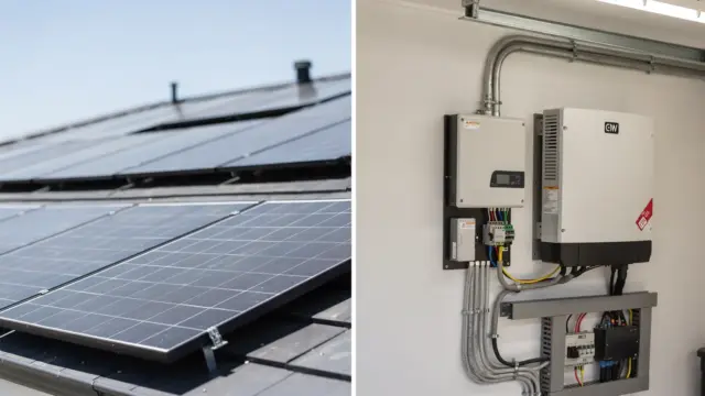 Nachrüstung eines Speichers in bestehende PV-Anlage mit Solarmodulen und Batteriespeicher im Technikraum