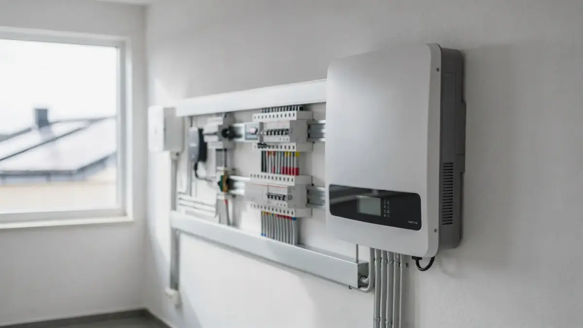PV-Speicherbetrieb mit Solaranlage, Batteriespeicher und Wechselrichter in einem Hauswirtschaftsraum