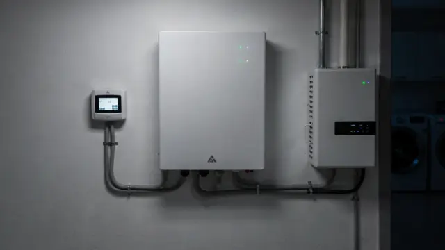 Heimspeicher im Technikraum mit Wechselrichter und Smart Meter zum nächtlichen Entladen eines Stromspeichers