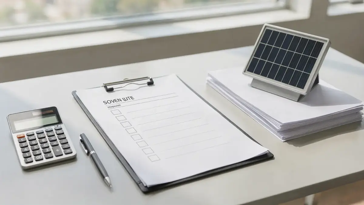 Solarangebot Pflichtangaben: Checkliste, Dokumente, Rechner und kleines Solarmodell auf einem Schreibtisch