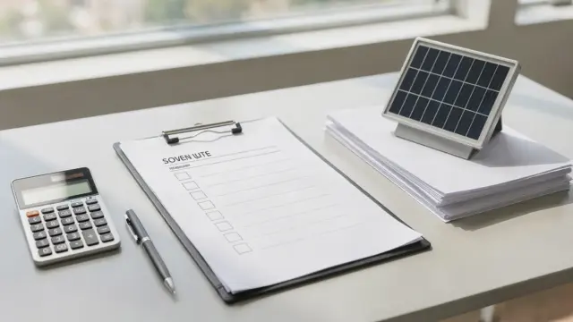 Solarangebot Pflichtangaben: Checkliste, Dokumente, Rechner und kleines Solarmodell auf einem Schreibtisch