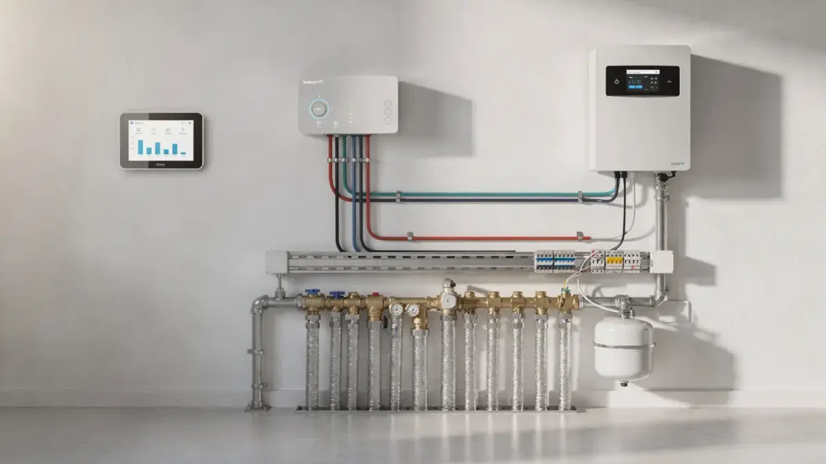 PV-Wärmepumpe im Betrieb abgestimmt mit Solaranlage, Steuerung und Smart-Monitor im Hauswirtschaftsraum