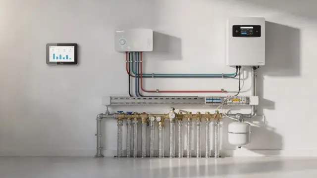 PV-Wärmepumpe im Betrieb abgestimmt mit Solaranlage, Steuerung und Smart-Monitor im Hauswirtschaftsraum