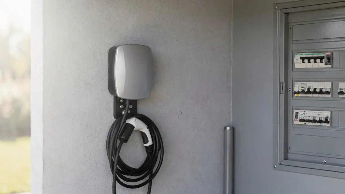 Wallbox an der Hauswand mit Elektroinstallation zum Thema Elektriker