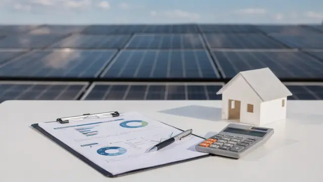 Photovoltaik-Anbieter vergleichen: Solarmodule, Vergleichsunterlagen und Taschenrechner auf einem Tisch