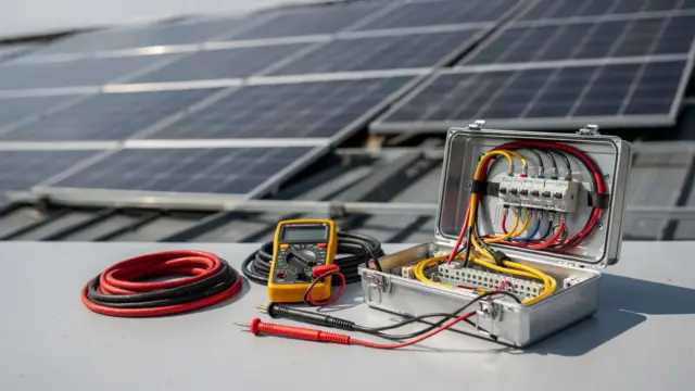 Photovoltaikanlage mit Messgerät und Kabeln bei der Prüfung eines elektrischen Defekts