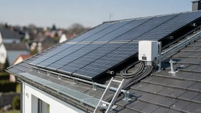 Photovoltaikanlage auf Hausdach mit Wechselrichter und Kabeln zur PV-Anlage Sicherheit im Alltag
