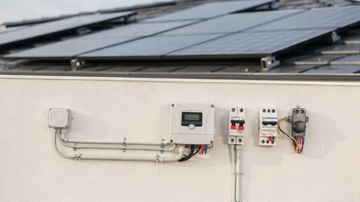 PV-Anlage mit Wechselrichter und Verkabelung als Motiv zum elektrischen Defekt
