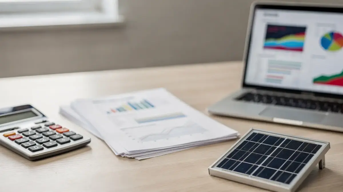 Büro mit Solar-Modell, Finanzunterlagen und Taschenrechner zum Thema Solarfirma Insolvenzrisiko
