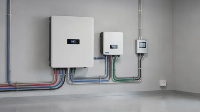 PV-Speicher mit Inverter und Monitor zur Speicher-Ladeleistung in einem Technikraum