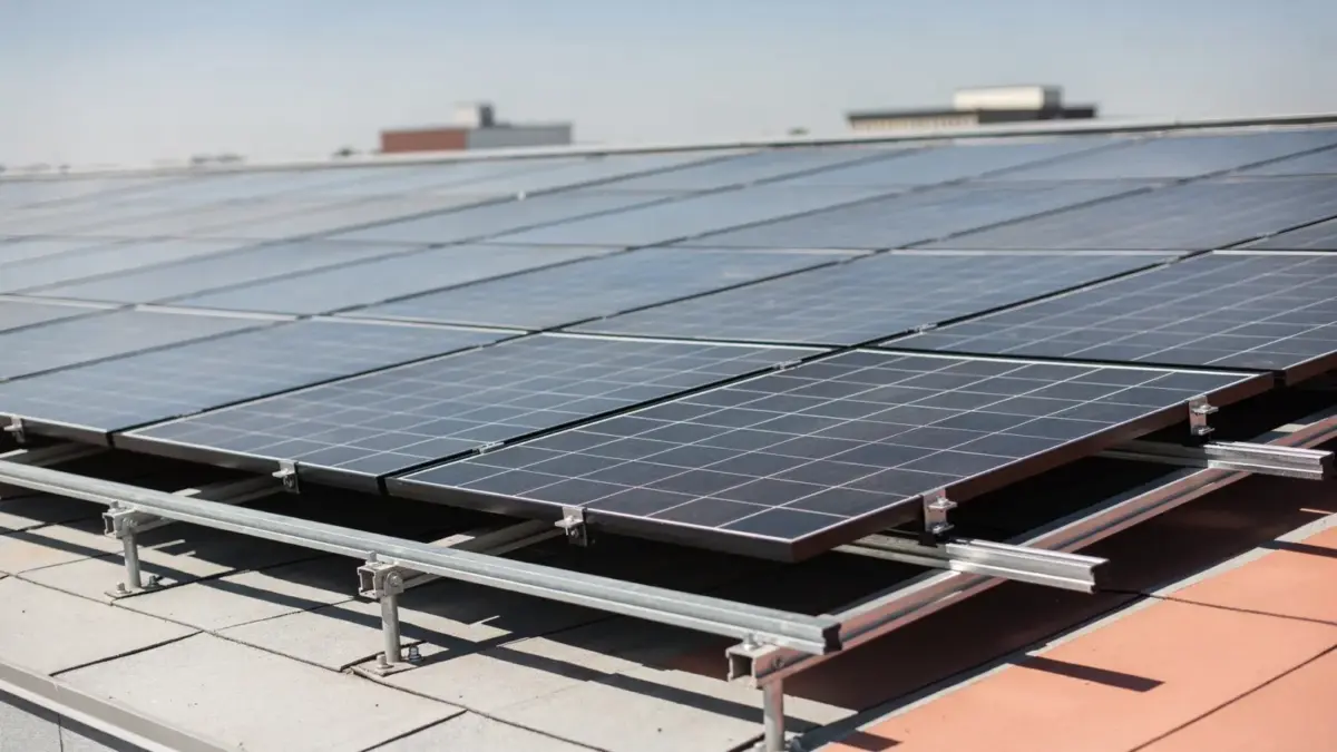 PV-Abstandsregeln: Solarmodule auf einem Dach mit sichtbaren Mindestabständen zwischen den Reihen