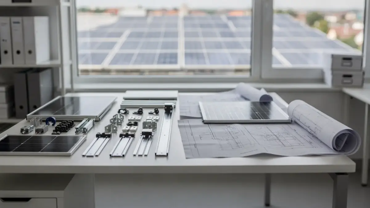 Vergleich regionaler Solaranbieter mit Solarpaneelen, Montagesystemen und Planungsunterlagen im Büro