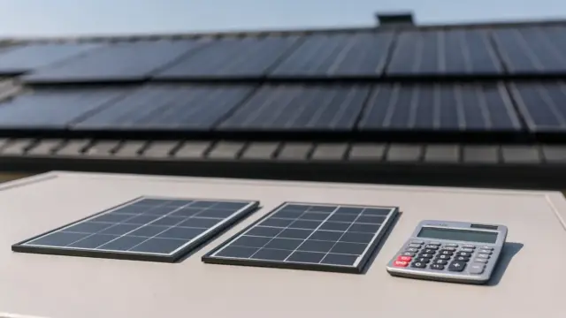 Photovoltaik-Anbieter vergleichen: Solarpanels auf einem Hausdach und Vergleichsunterlagen