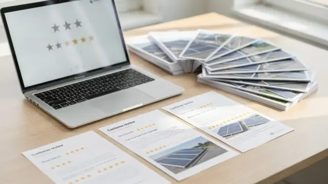 Solarfirma-Bewertungen prüfen: Unterlagen, Laptop und Broschüren zur Bewertung von Referenzen und Erfahrungsberichten