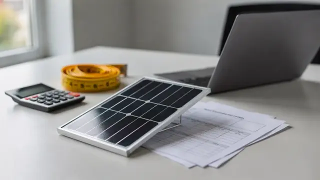 Photovoltaik-Angebot auf dem Schreibtisch mit Solarmodul, Unterlagen, Taschenrechner und Laptop