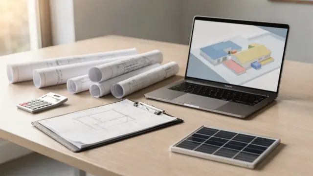 PV-Angebot mit Montagekosten: Rechner, Unterlagen und Solarmodul auf einem Planungstisch
