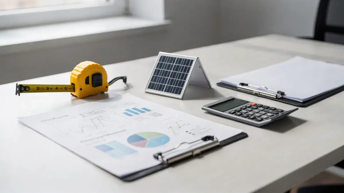 Solar-Angebot auf dem Schreibtisch mit Unterlagen, Rechner und Mini-Solarmodell zum Thema PV-Angebot Angaben