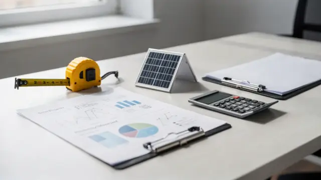 Solar-Angebot auf dem Schreibtisch mit Unterlagen, Rechner und Mini-Solarmodell zum Thema PV-Angebot Angaben