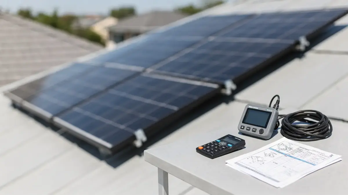 Rooftop-PV-Anlage mit Solarpanels, Messgerät und Kalkulationsunterlagen zum Thema PV-Anlage Kosten pro kWp.