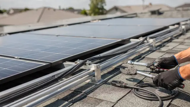 Photovoltaik-Montagekosten: Installation einer PV-Anlage auf einem Hausdach mit Solarmodulen und Montageschienen