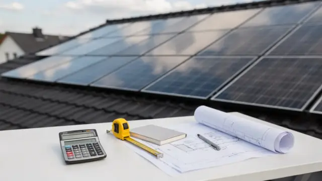 PV-Anlage Größe berechnen mit Solarpanelen, Taschenrechner und Maßband zur passenden kWp-Leistung