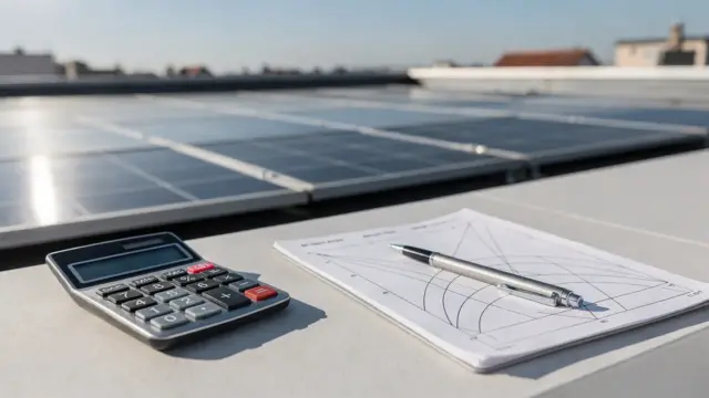 Dach-PV-Anlage mit Taschenrechner und Unterlagen zur Berechnung des PV-Ertrags