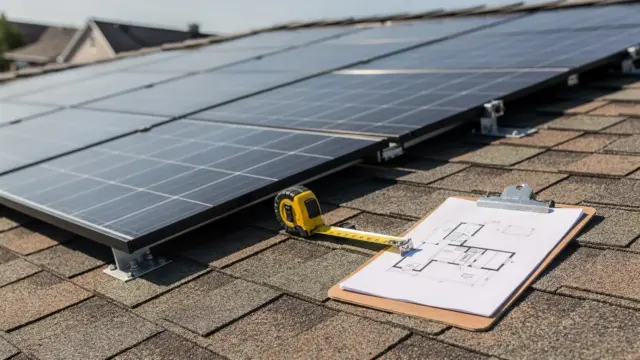 Solarmodule auf einem Hausdach mit Maßband für die Dachplanung