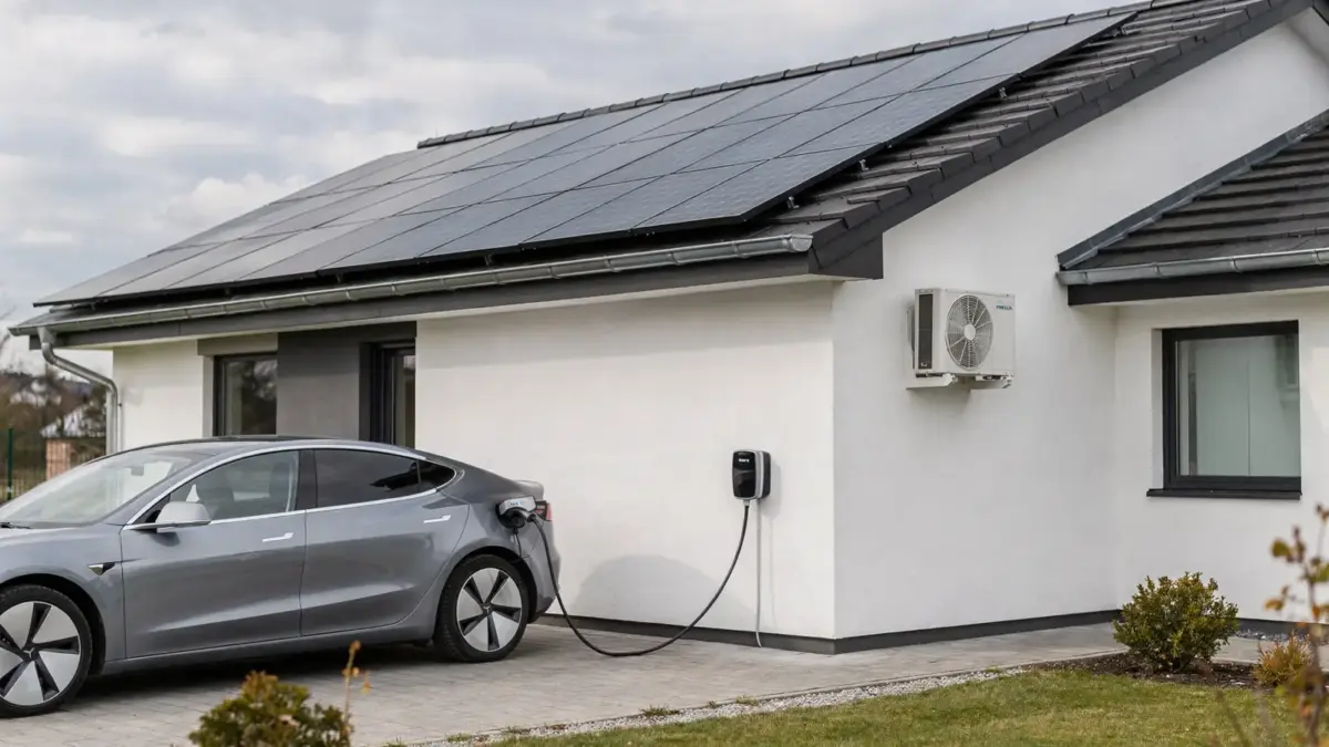 PV-Anlage für Wärmepumpe und E-Auto an Haus mit Solarmodulen, Wärmepumpe und Wallbox