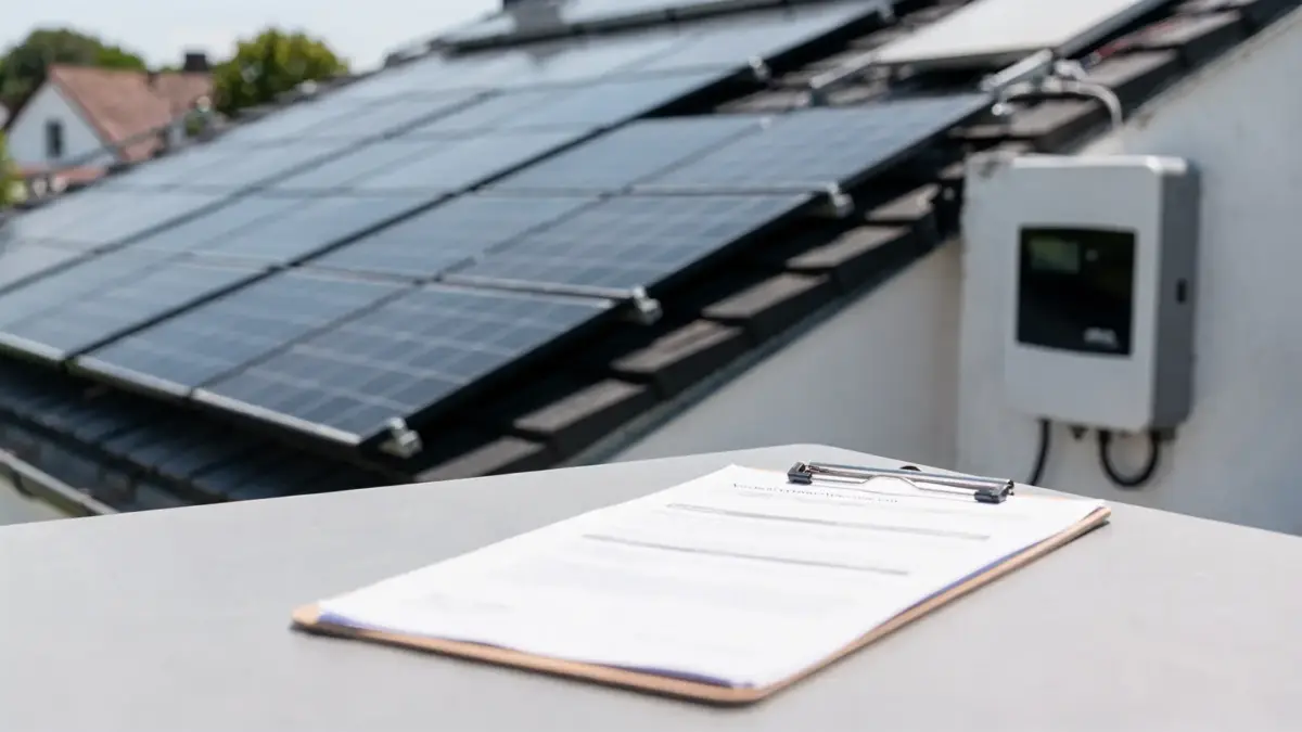 Photovoltaikanlage auf einem Hausdach mit Antragsunterlagen zur PV-Förderung in Deutschland