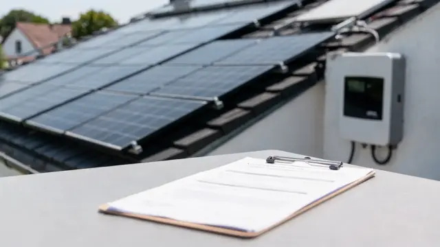 Photovoltaikanlage auf einem Hausdach mit Antragsunterlagen zur PV-Förderung in Deutschland