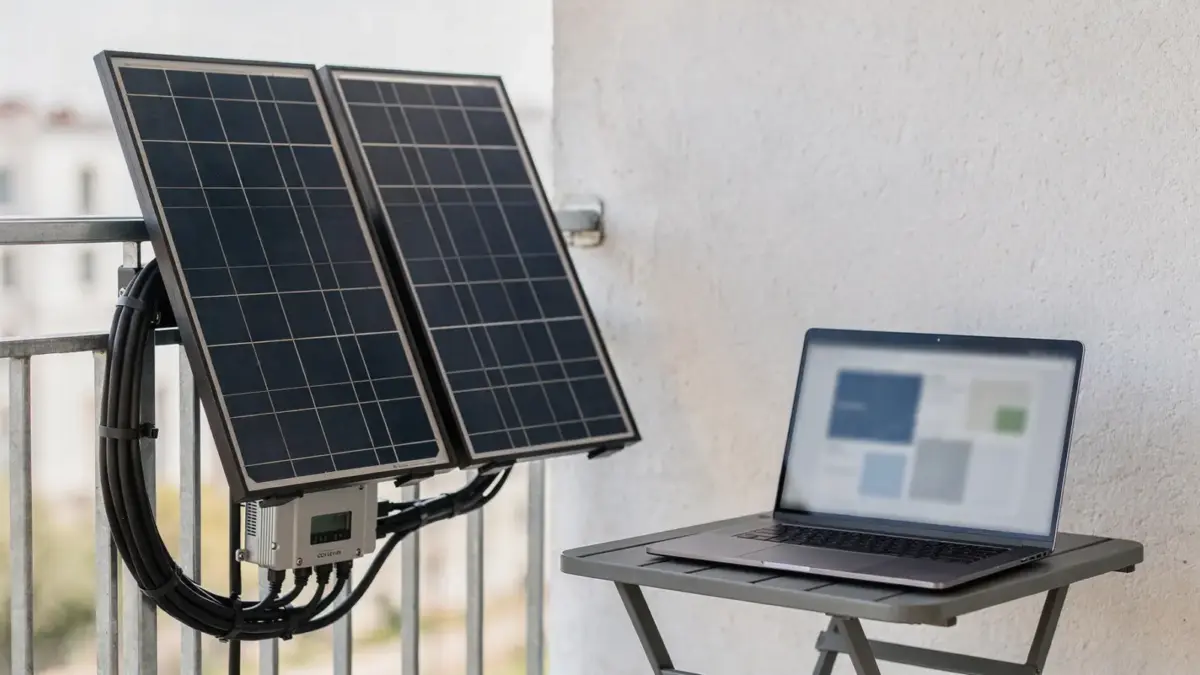 Balkonkraftwerk auf dem Balkon mit Solarmodulen und Laptop für den Förderantrag