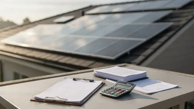 Photovoltaik-Anlage auf einem Hausdach mit Antragsunterlagen und Taschenrechner zur Photovoltaik-Förderung nach Region