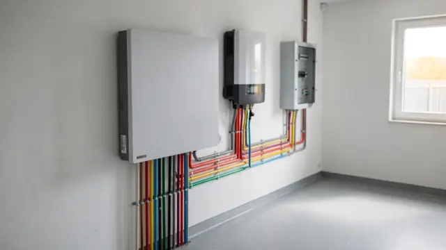 Stromspeicher in einem Technikraum als Thema zur Stromspeicher-Förderung und zum Antrag