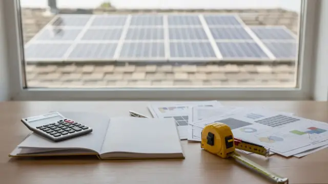 Photovoltaikanlage auf Hausdach mit Taschenrechner und Planungsunterlagen zur PV-Anlage Größe berechnen.