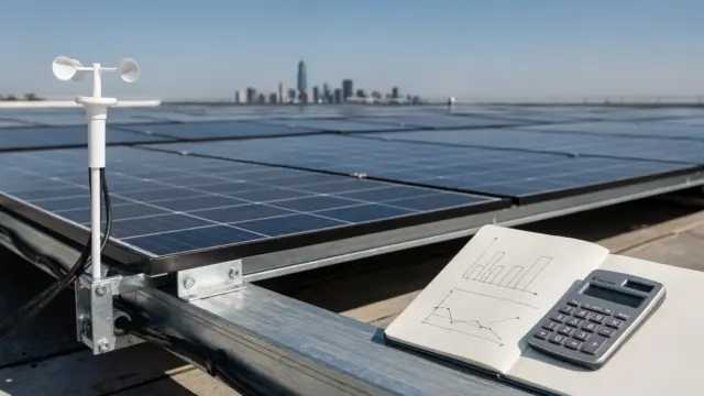 Photovoltaikanlage mit Rechner und Notizen zur PV-Ertrag-Berechnung
