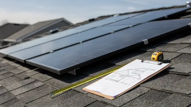 Solarmodule auf einem Hausdach mit Maßband für die Dachplanung