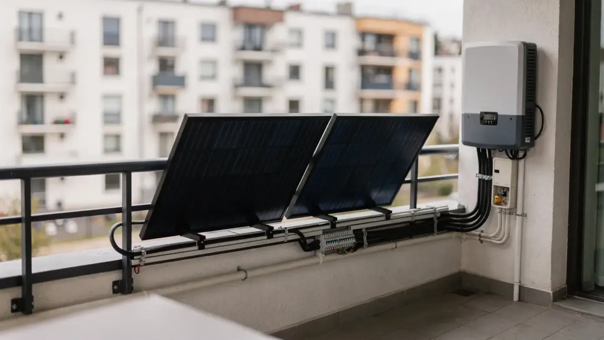 Balkonkraftwerk auf einem Balkon mit Solarpanels und Wechselrichter für den Artikel zur Förderung.