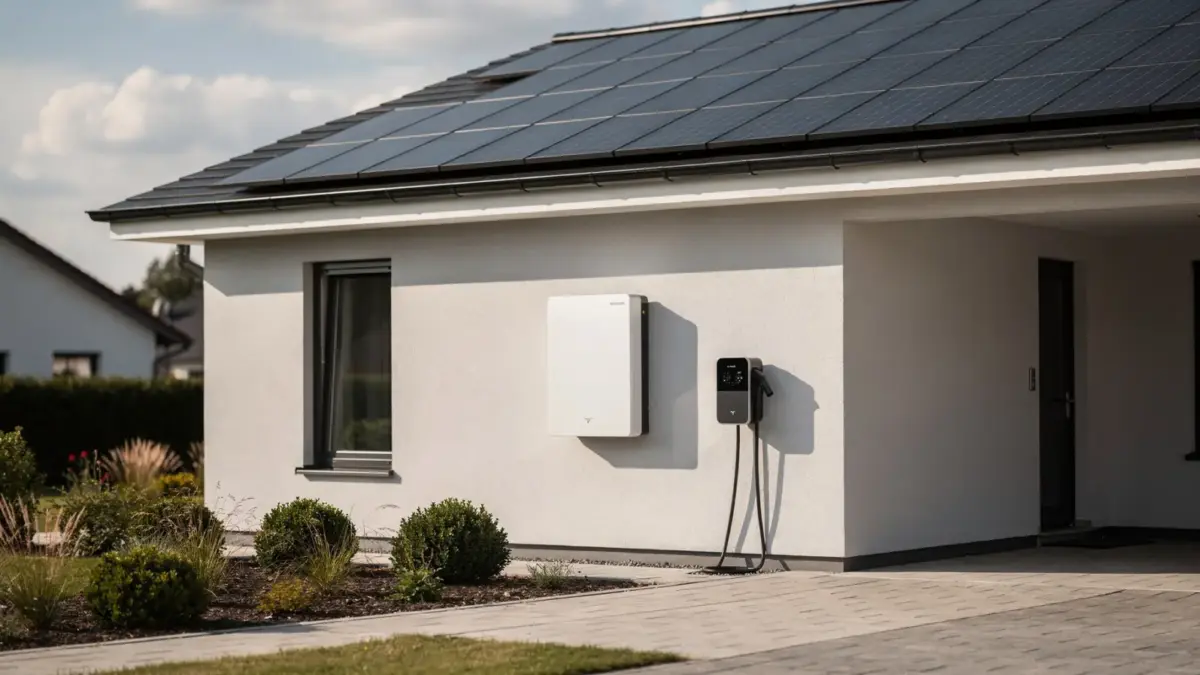 Solaranbieter mit Speicher und Wallbox an einem Haus mit Photovoltaik und E-Auto-Ladestation