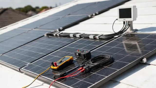 PV-Service nach der Installation: Techniker prüft Solarmodule und Anschlüsse auf dem Dach
