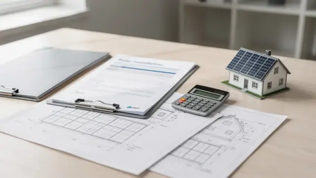 Solarangebot mit Unterlagen, Rechner und PV-Modell auf dem Schreibtisch
