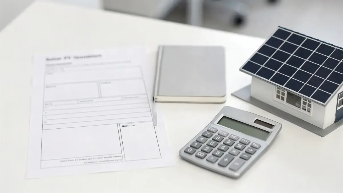 Solarangebot mit Rechner und Notizbuch zur Prüfung des Preis pro kWp im PV-Angebot
