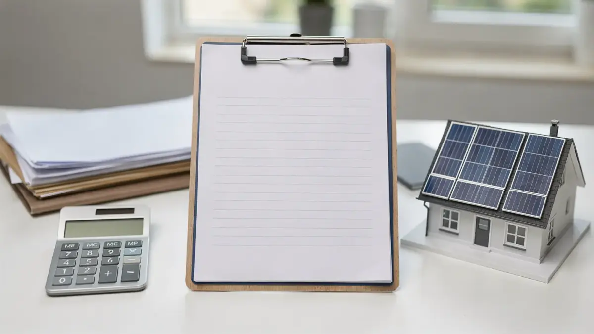 Solarangebot mit Kostenübersicht auf Schreibtisch mit Solarpanel-Modell und Dokumenten