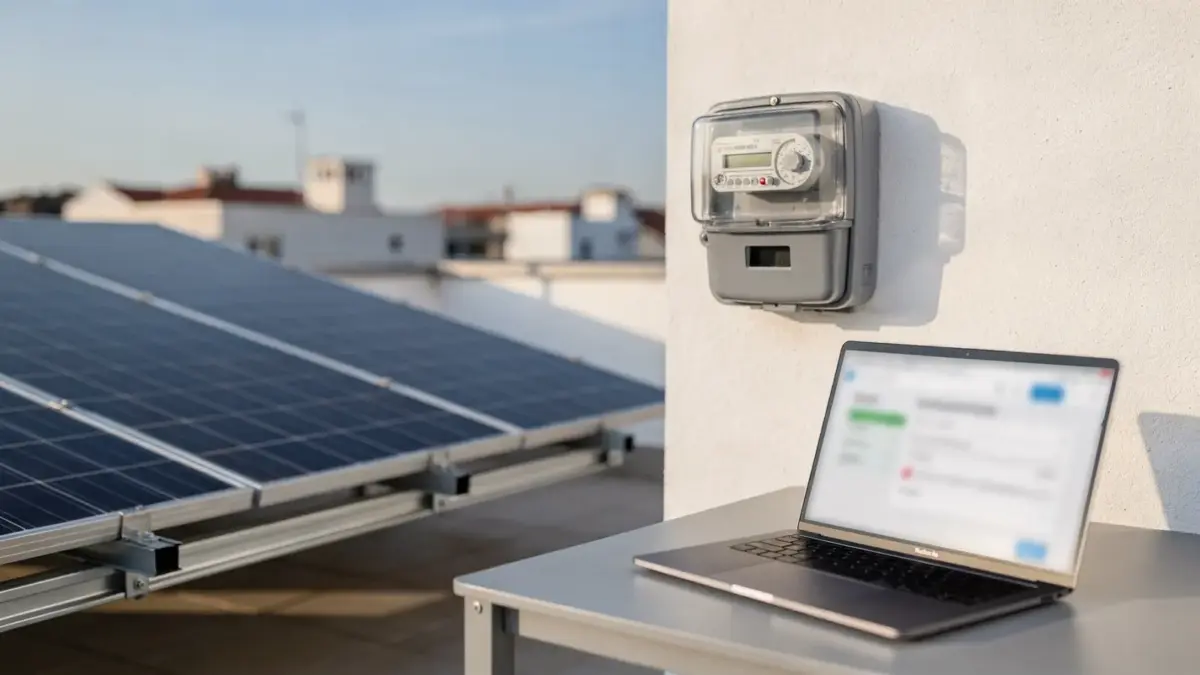 Photovoltaikanlage, Stromzähler und Laptop zur Berechnung der Stromkostenersparnis durch Photovoltaik