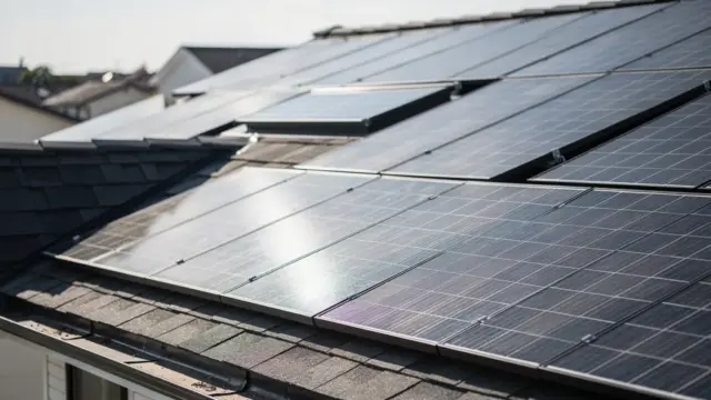 Photovoltaikanlage auf einem Hausdach mit unterschiedlicher Dachausrichtung und Sonneneinstrahlung
