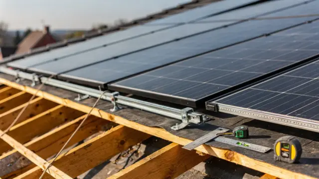 Dachstatik für Solaranlagen: Dach mit Photovoltaikmodulen und sichtbaren Montageteilen