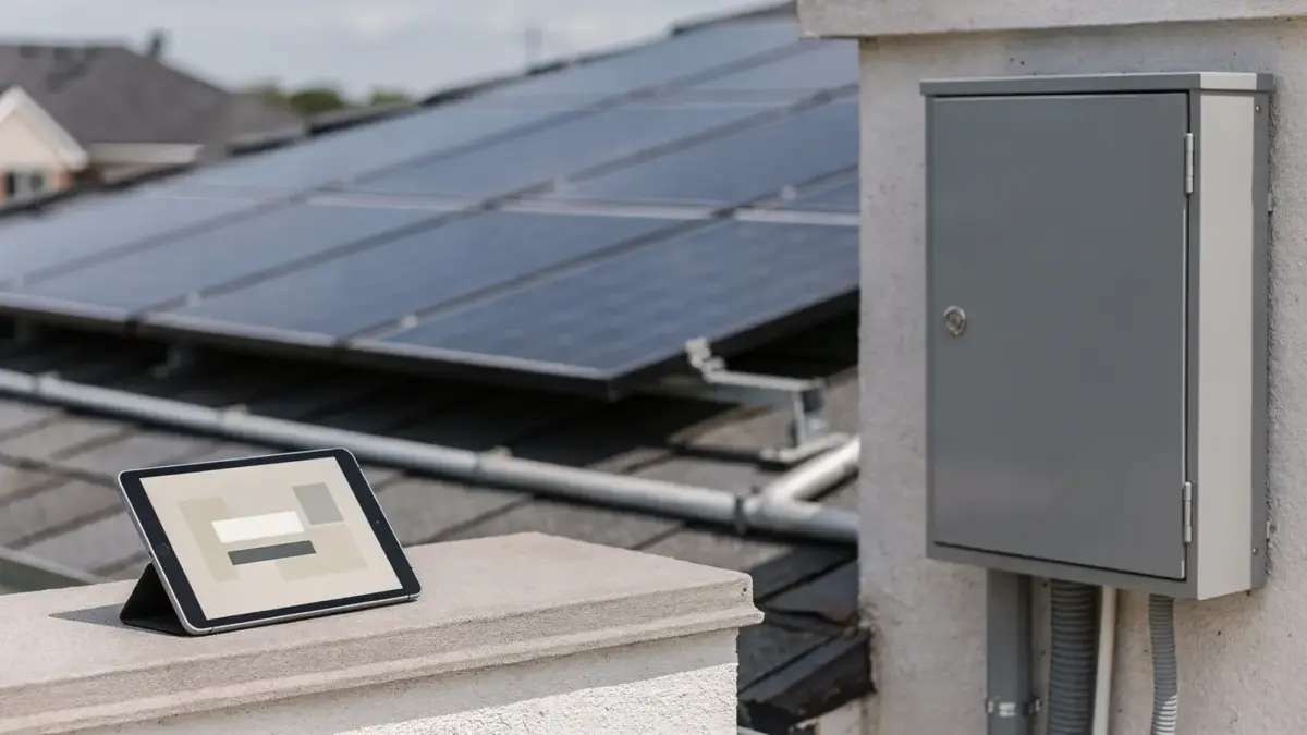 PV-Anlage auf dem Hausdach mit Elektroanschluss und Unterlagen zur Anmeldung beim Netzbetreiber