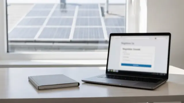 Rooftop-Solaranlage mit Laptop als Motiv zum Marktstammdatenregister PV und den Registrierungsfristen.