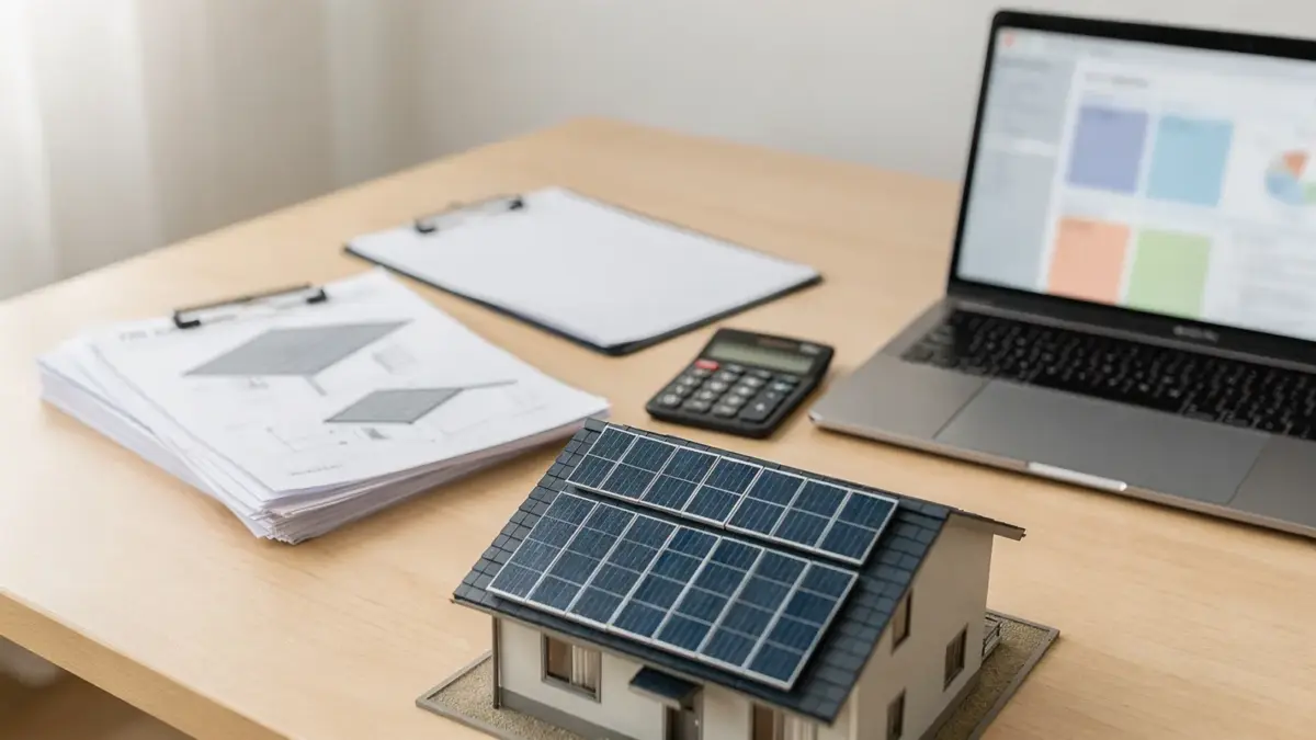 Unterlagen zum PV-Netzanschluss auf einem Schreibtisch mit Formularen, Laptop und Solarmodell