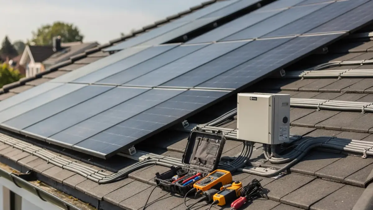 PV-Inbetriebnahme auf dem Dach: Techniker prüft Photovoltaikanlage mit Modulen und Messgerät